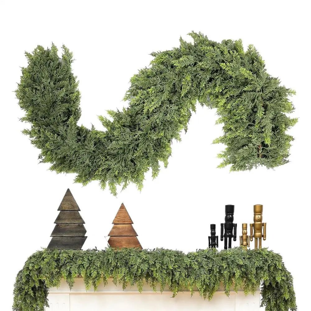 Christmas garland made of natural cypress branches, adorned with cotton accents, perfect for decorating fireplaces and windows during the winter season. 0